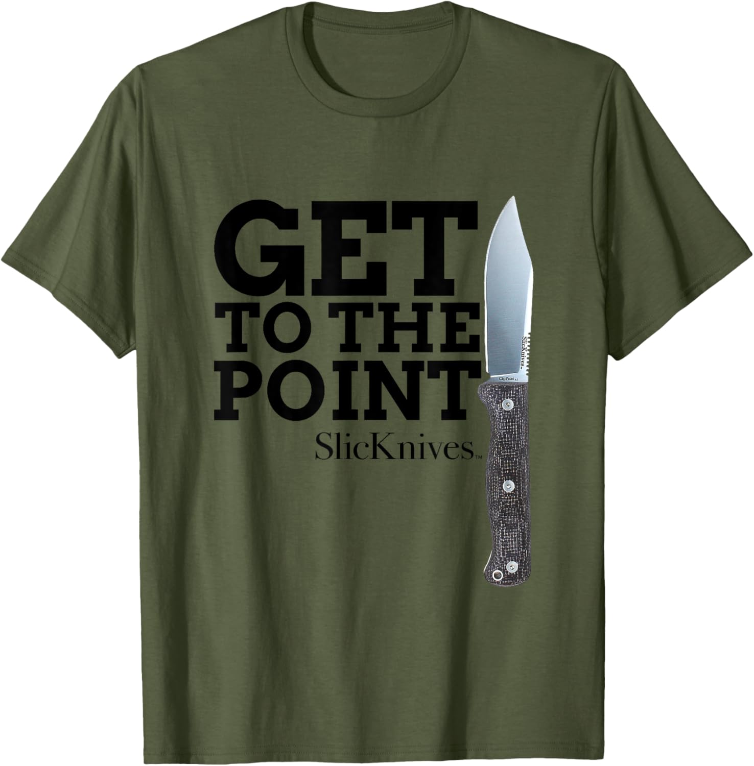SlicKnives ClipPoint 4.5 Knife T-Shirt with Brown Grip and Black Text - 5