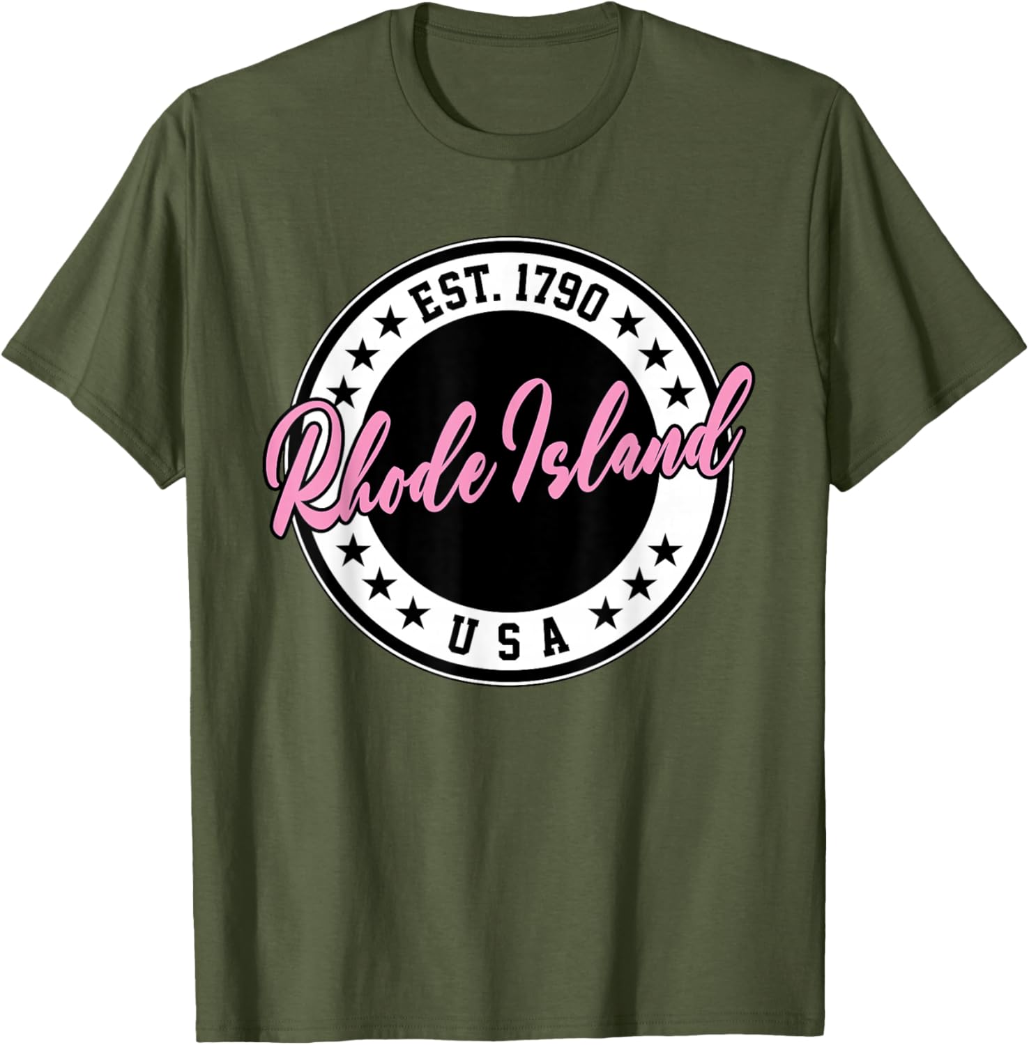 Rhode Island USA Script Circle Pink Text T-Shirt for Stylish Comfort - 4