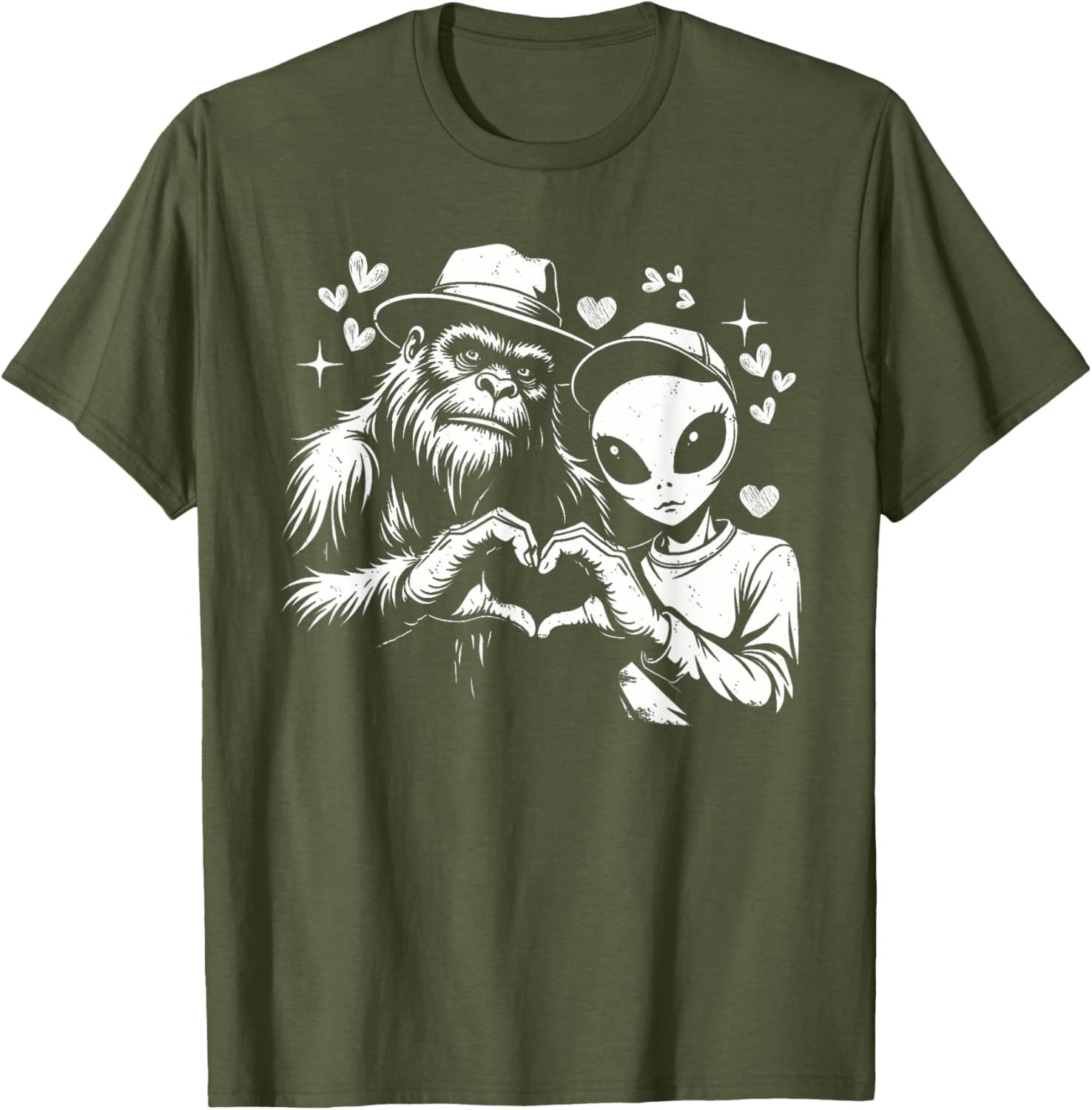 Funny Bigfoot and Alien Love Hand Sign T-Shirt for Unique Style - 10