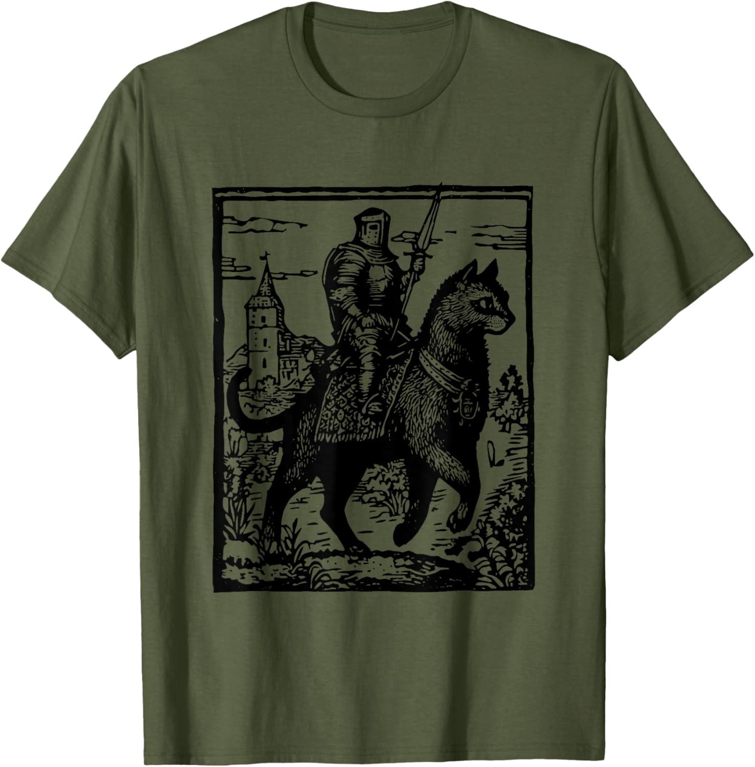 Funny 90s Knight Cat Rider T-Shirt | Retro Dark Art Cat Meme Tee - 6