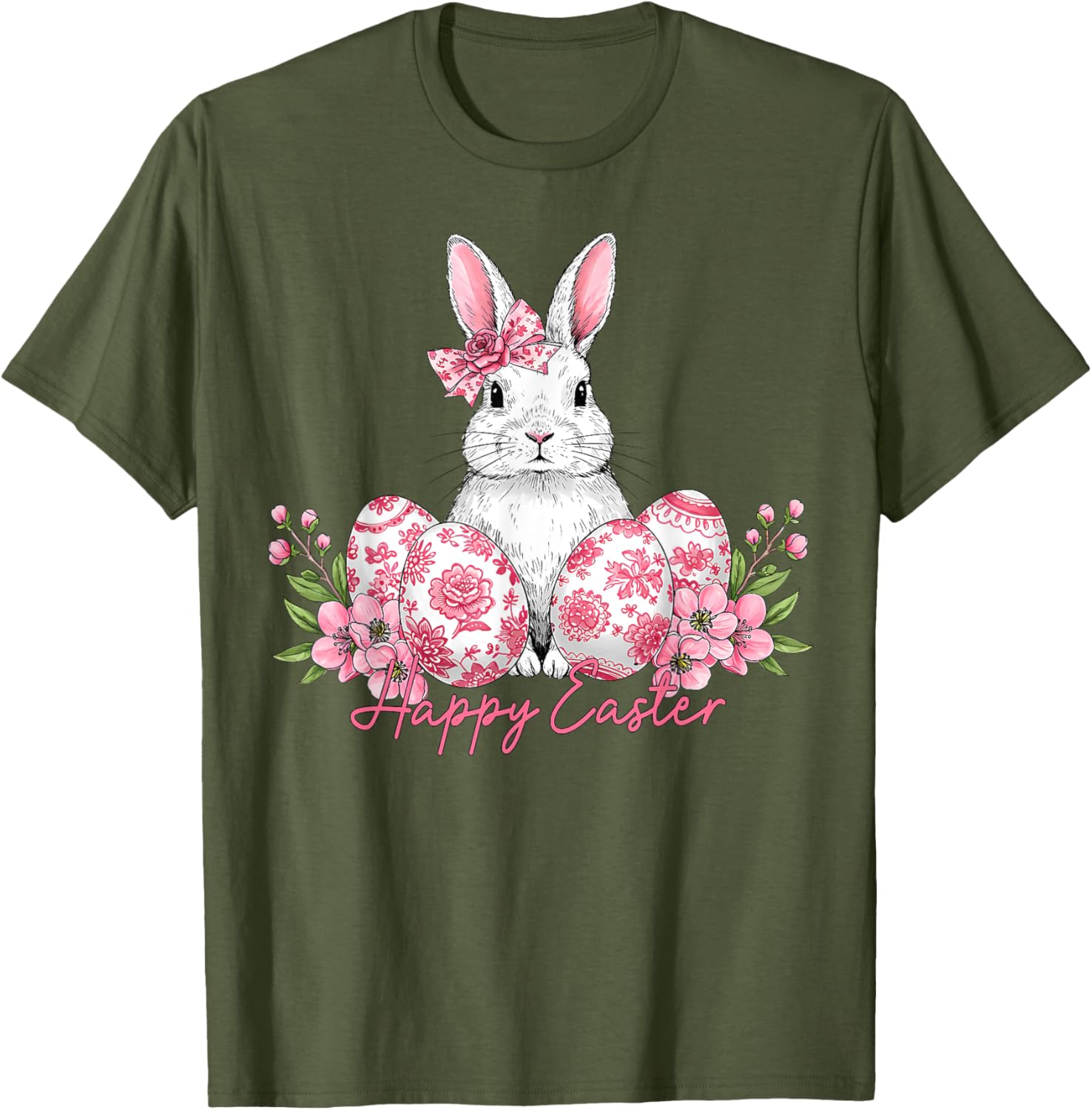 Happy Easter Chinoiserie Floral Bunny Bow T-Shirt for Festive Style - 14