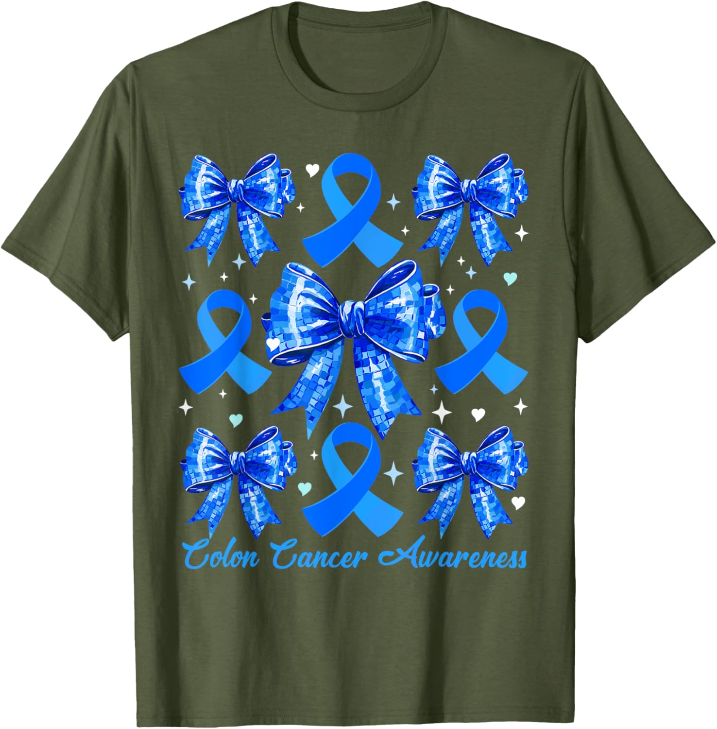 Retro Coquette Blue Ribbon T-Shirt for Women's Colon Cancer Awareness - 21