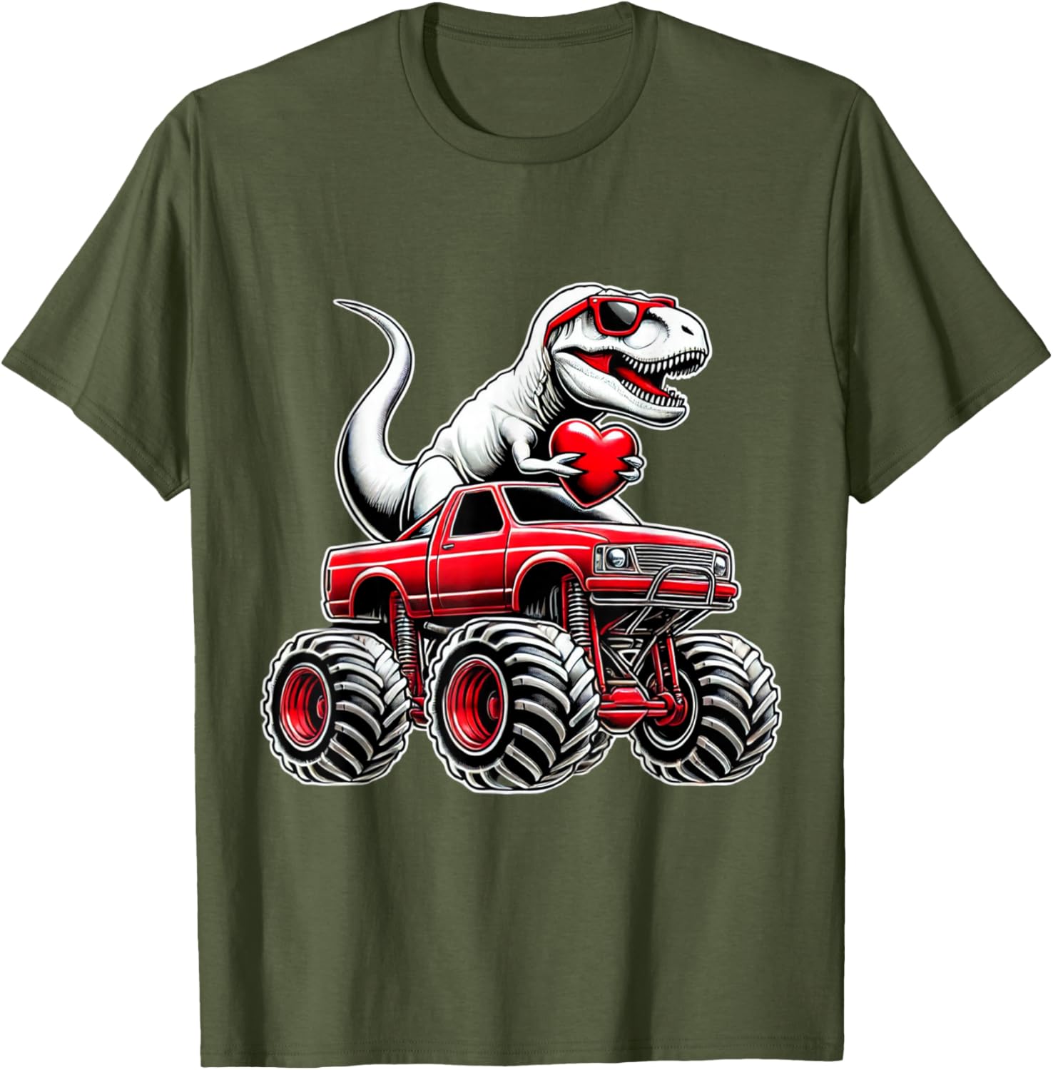 Funny T Rex Riding Monster Truck T-Shirt for Boys Celebrating Valentine's Day - 7