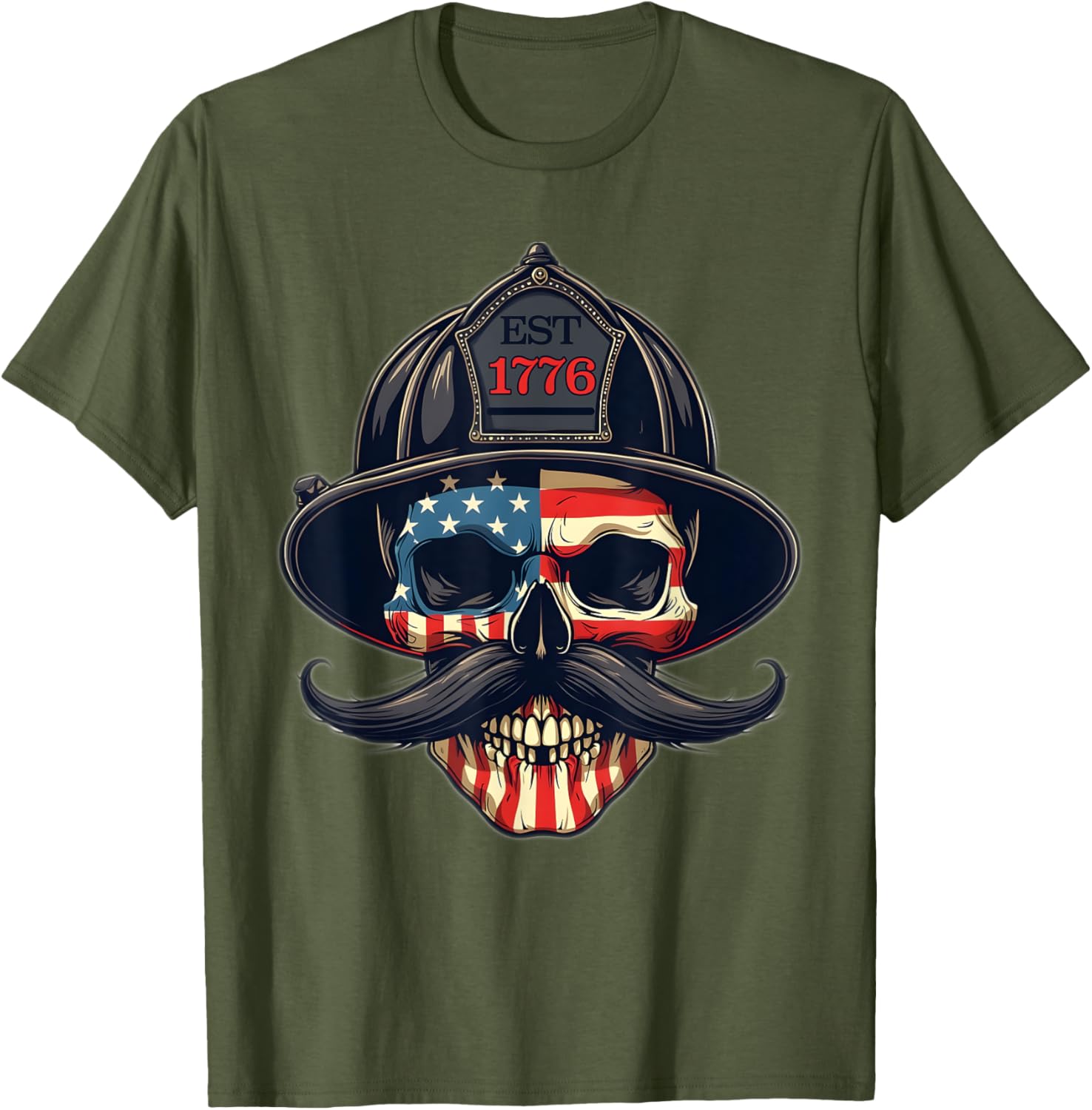 Firefighter Skull Mustache USA Flag T-Shirt for Firemen and Firefighters - 6