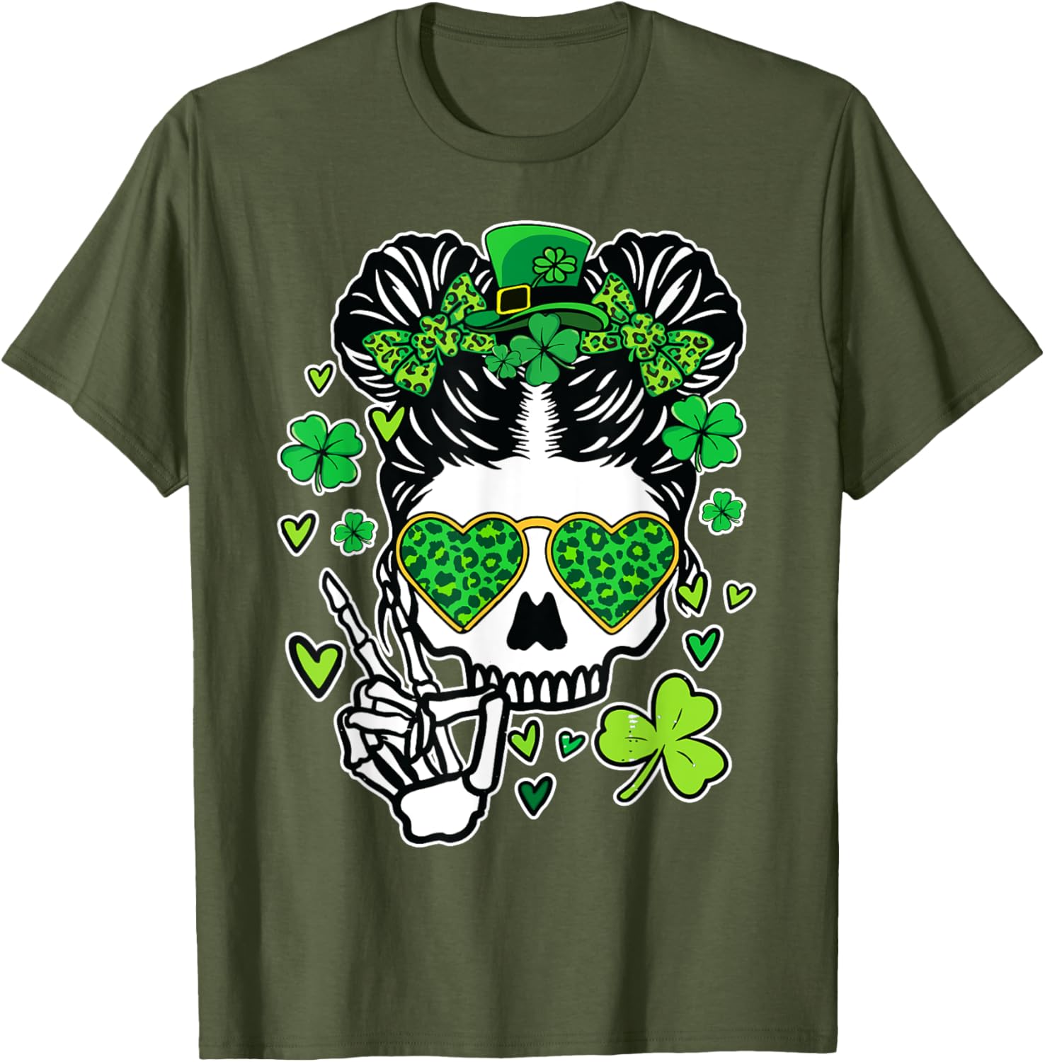 St Patrick's Day Skull Messy Bun Women’s T-Shirt for Festive Style - 4