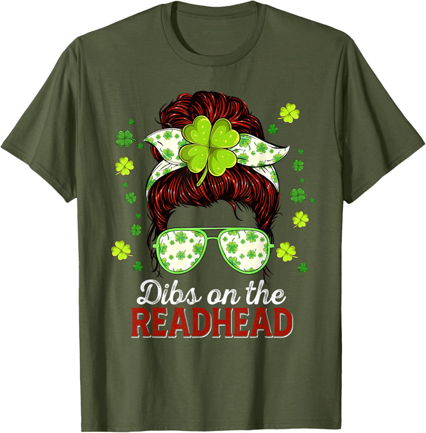 Dibs On The Redhead Shamrock St Patrick's Day Messy Bun T-Shirt - 6