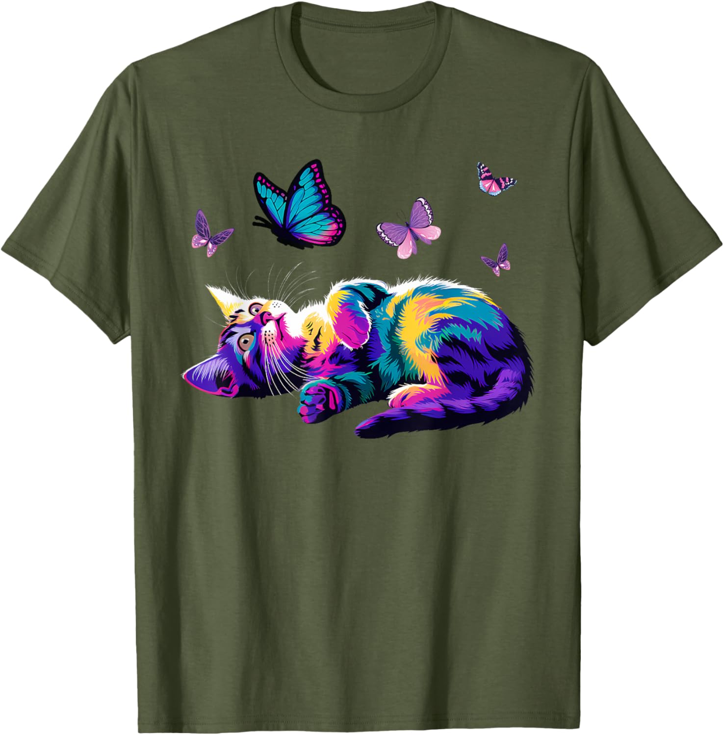 Colorful Cute Cat Playing with Butterfly T-Shirt for Cat Lovers Kids and Adults - 11