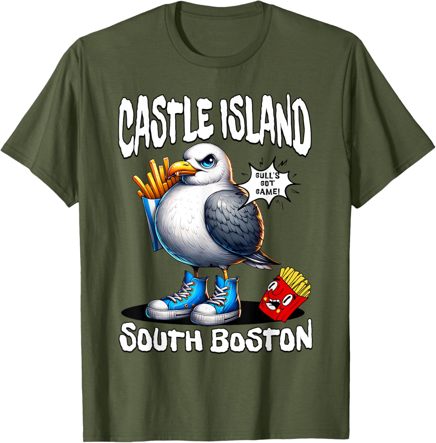 Funny Castle Island Seagull French Fries T-Shirt for Food Lovers - 1