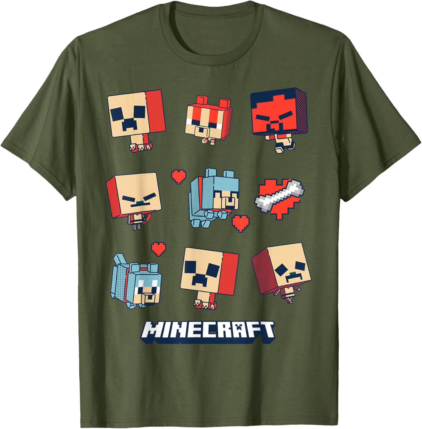 Cute Minecraft Valentine's Day T-Shirt with Pixel Pets and Hearts Design - 1