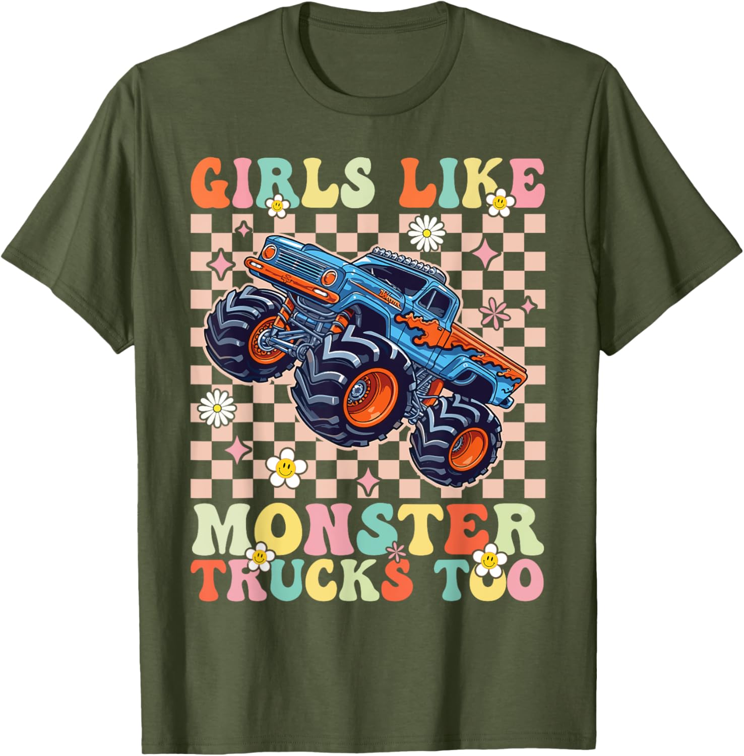 Funny Girls Love Monster Trucks Too Pink T-Shirt for Kids and Teens - 15