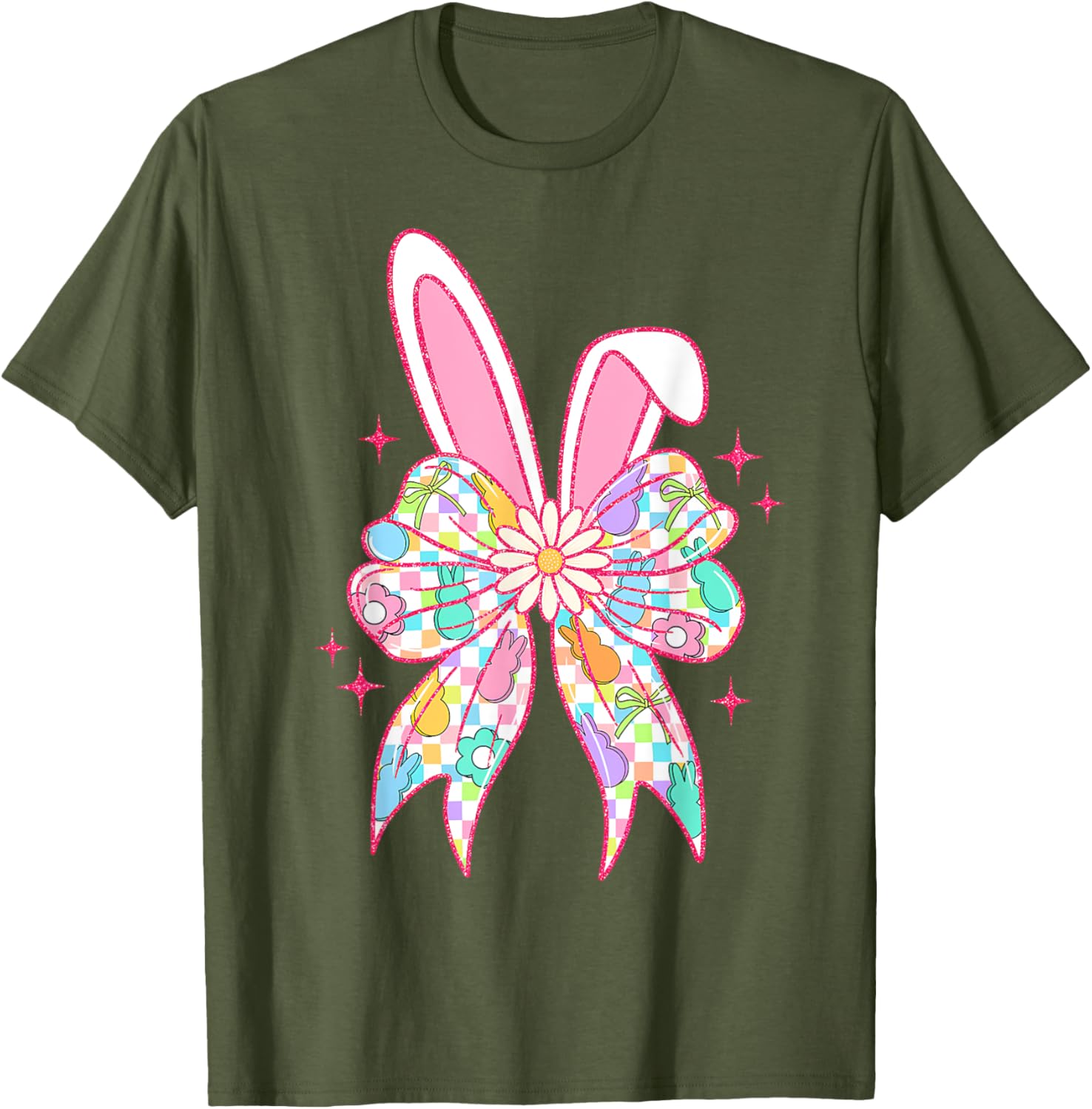 Groovy Checkered Bunny Bow Ears T-Shirt for Girls and Teens - 21