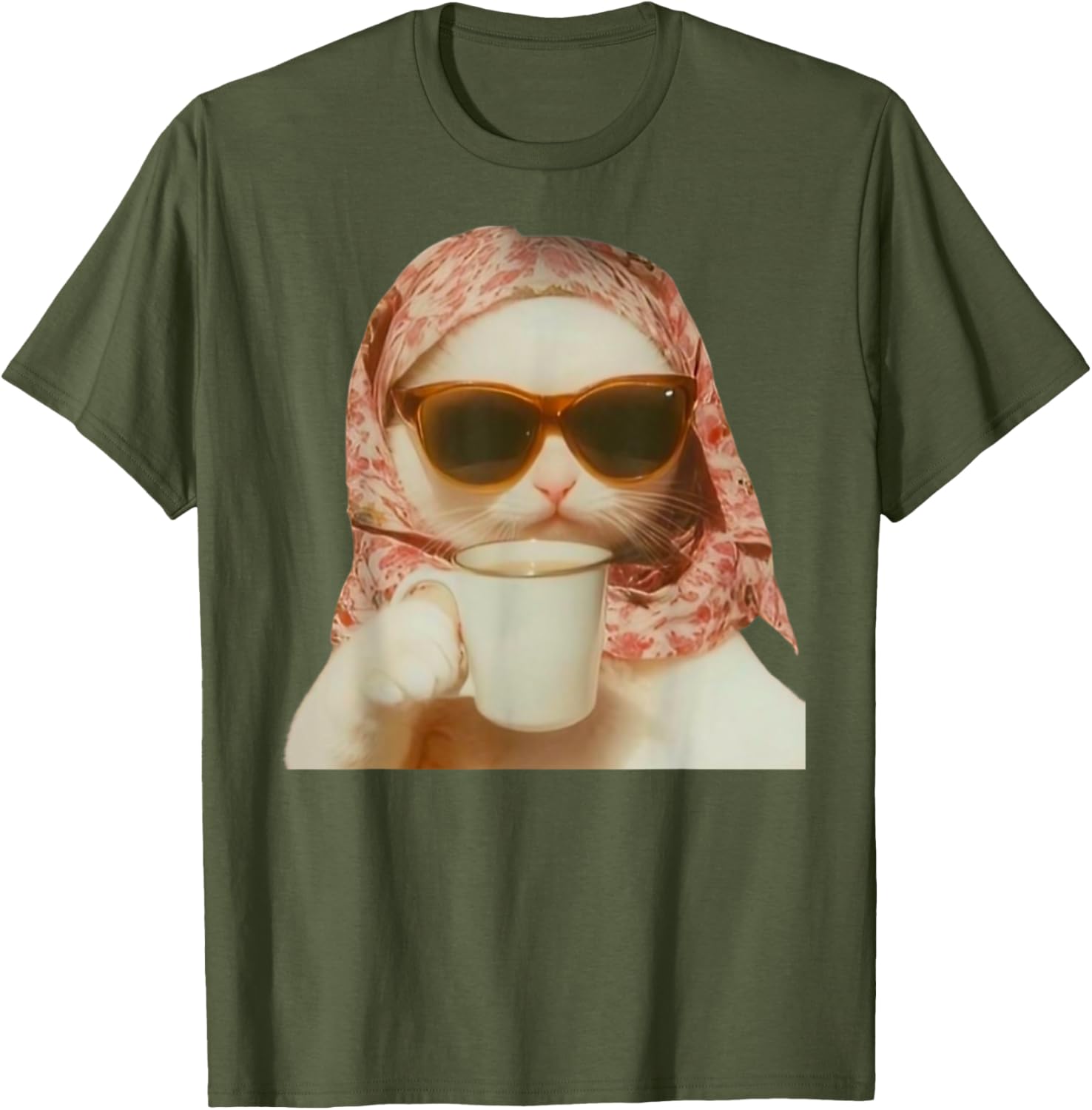 Funny Cat with Glasses and Headscarf Holding Cup T-Shirt for All Ages - 16