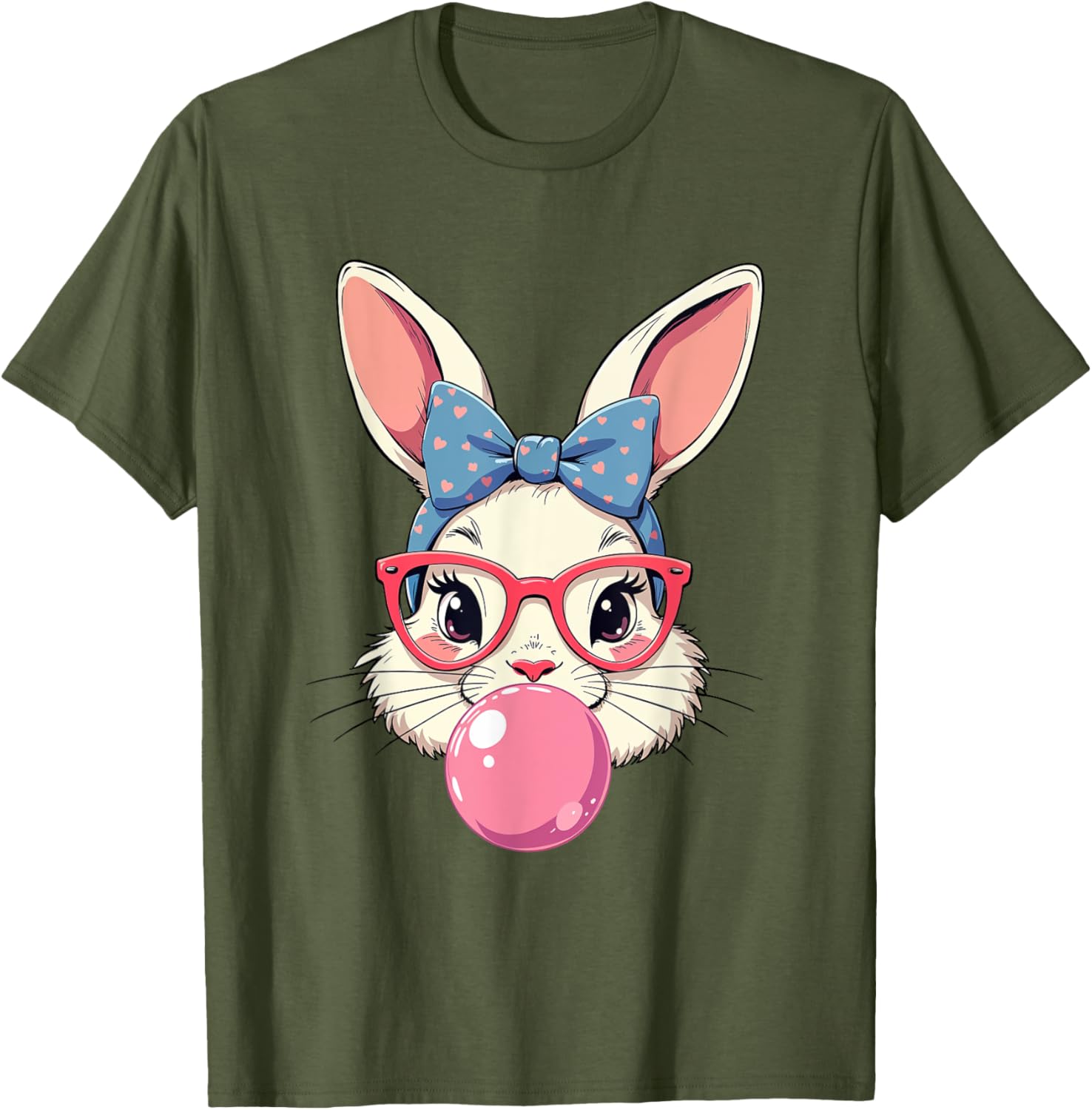 Cute Bunny Face T-Shirt with Heart Glasses and Bandana for Easter Fun - 24