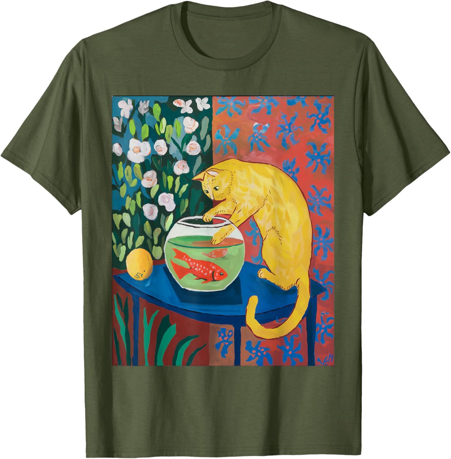 Vintage Matisse Cat T-Shirt with Red Fishes Fun Retro Style Apparel - 1