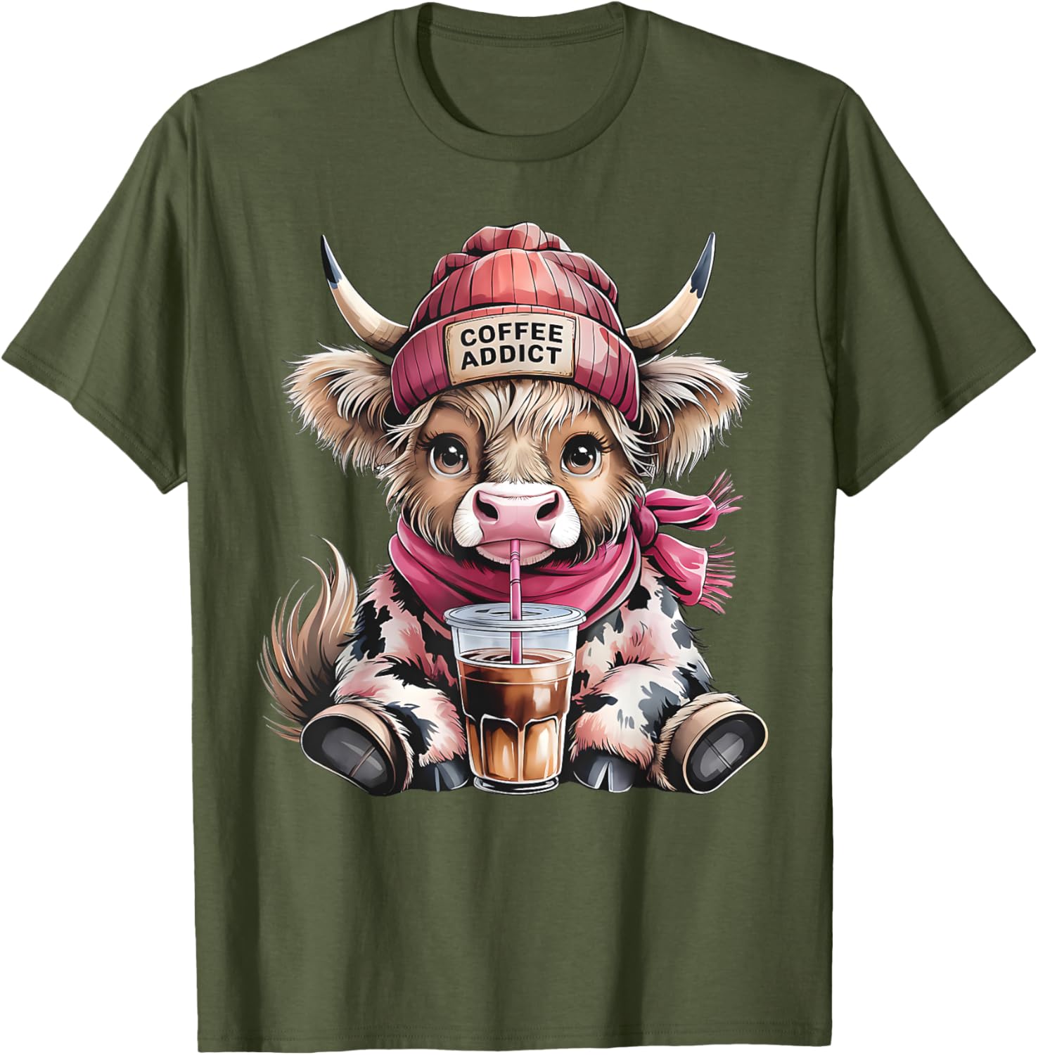 Cute Highland Cow Coffee Addict T-Shirt for Women with Beanie Hat - 3