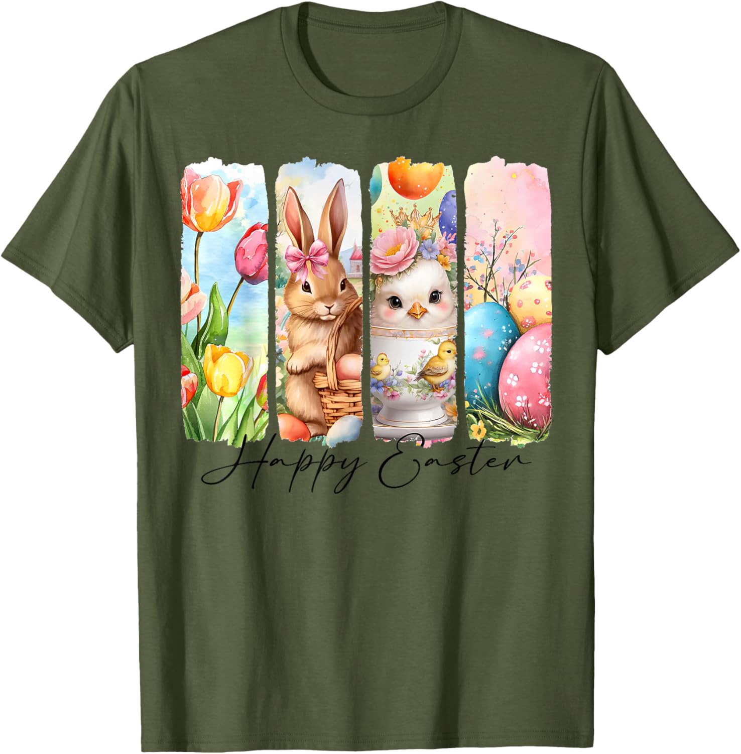 Retro Happy Easter Bunny and Chick T-Shirt with Floral Design - 14