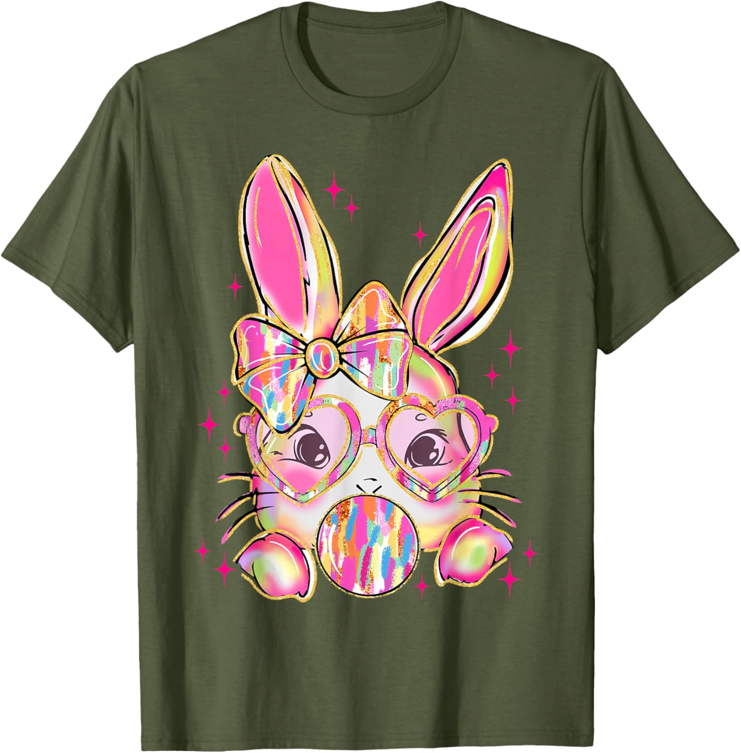 Cute Brushstroke Bunny Blowing Bubble Gum Easter Bow T-Shirt for Kids - 15