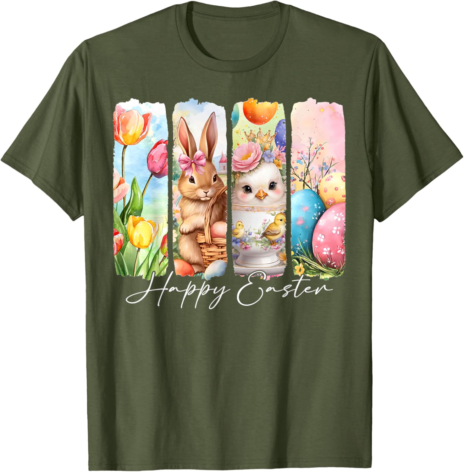 Retro Bunny and Chick Happy Easter T-Shirt with Floral Design - 2