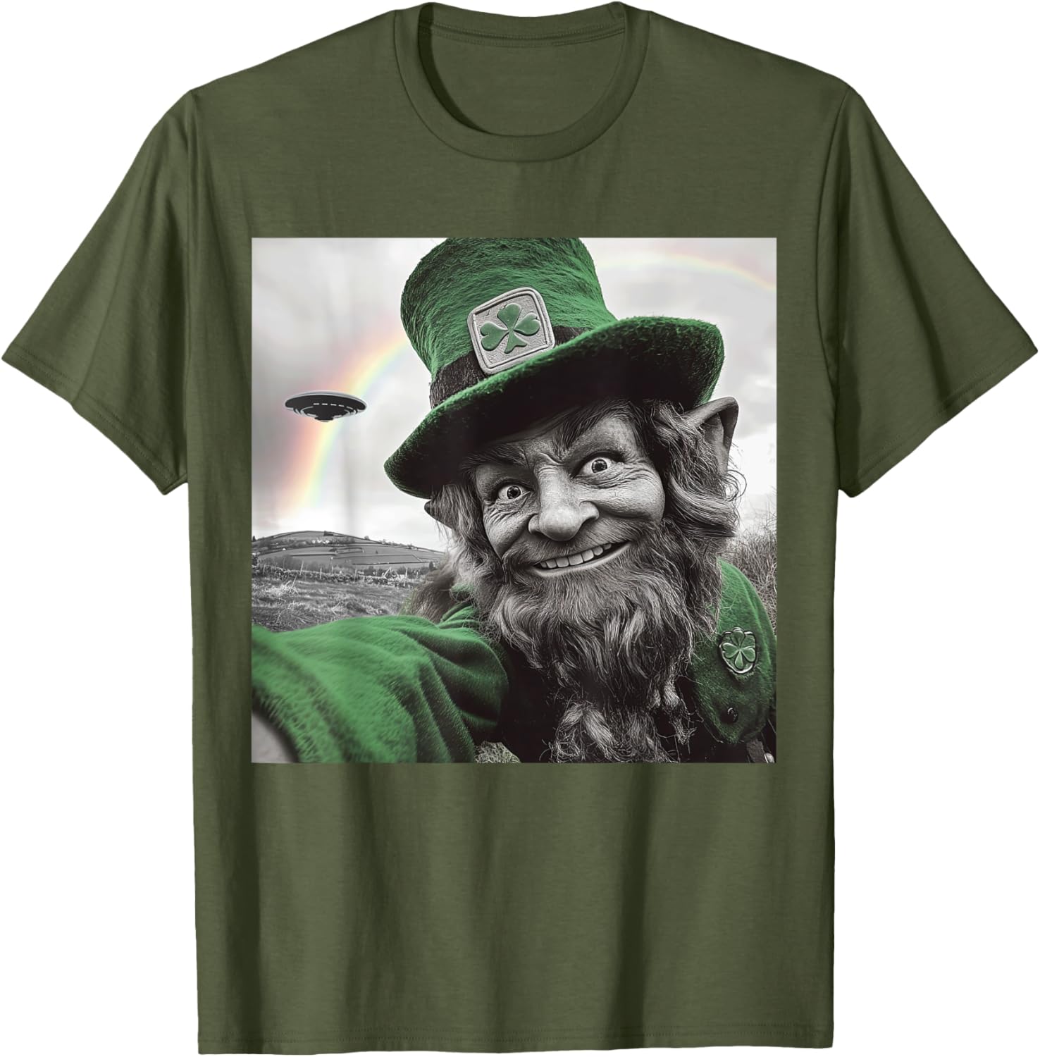 Funny St Patricks Day Rainbow Leprechaun UFO Selfie T-Shirt for Everyone - 7