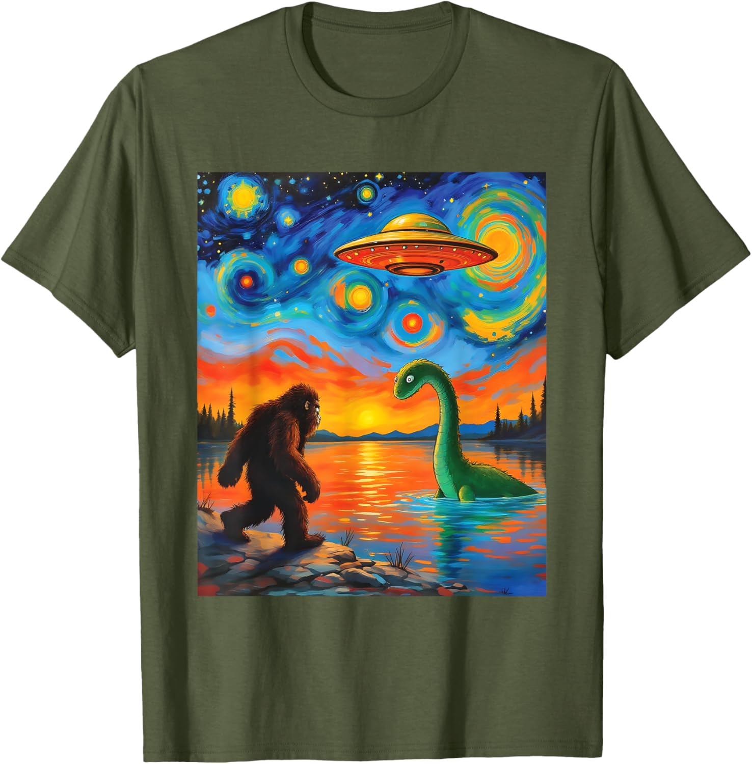 Bigfoot UFO Alien Encounter T-Shirt Inspired by Van Gogh's Starry Night - 17