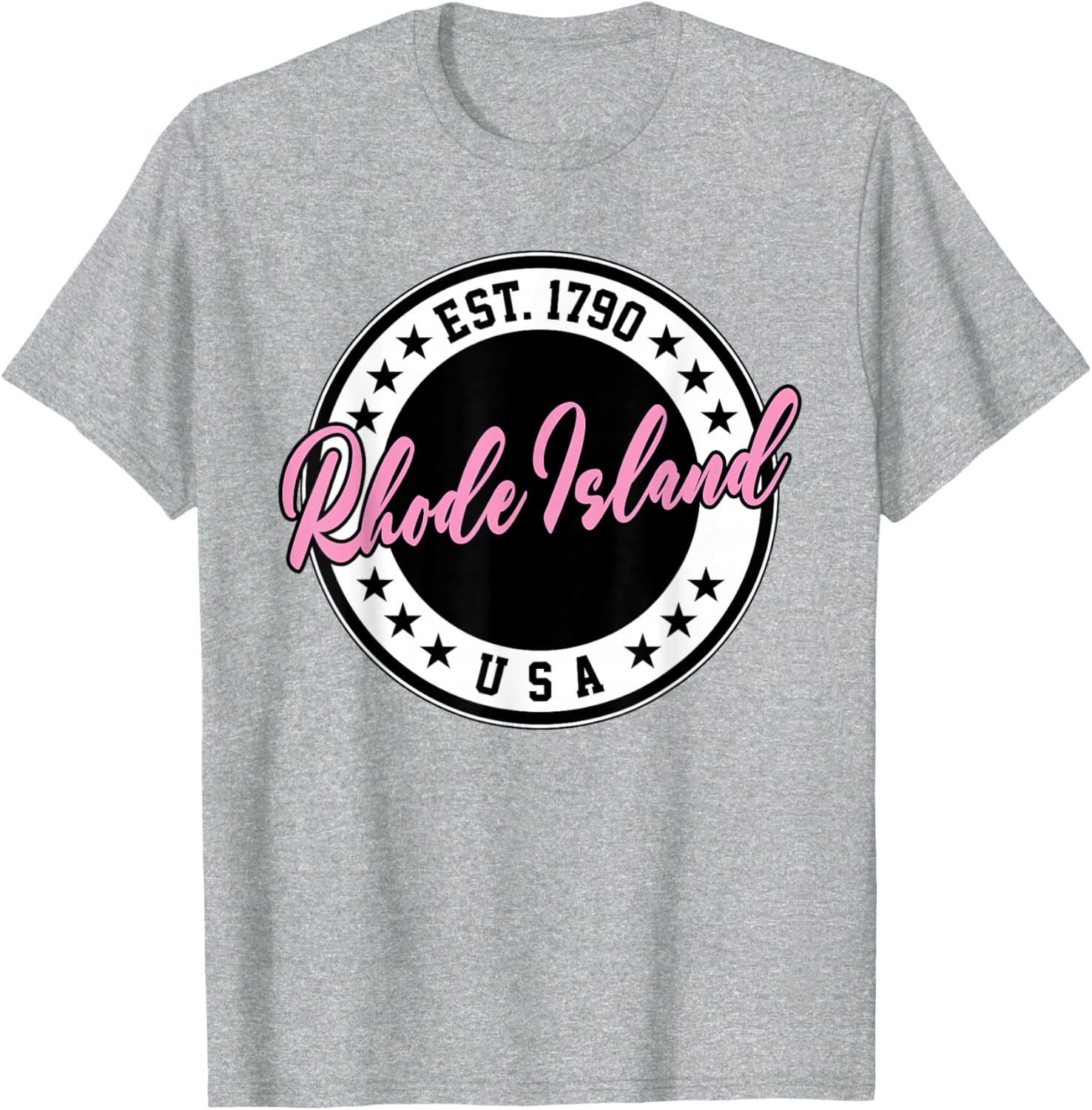 Rhode Island USA Script Circle Pink Text T-Shirt for Stylish Comfort - 21