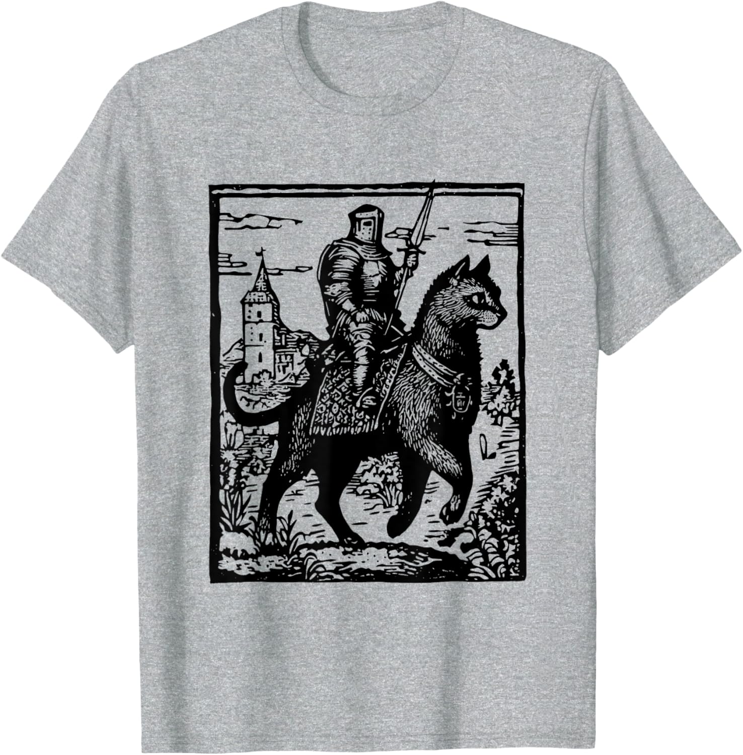 Funny 90s Knight Cat Rider T-Shirt | Retro Dark Art Cat Meme Tee - 12
