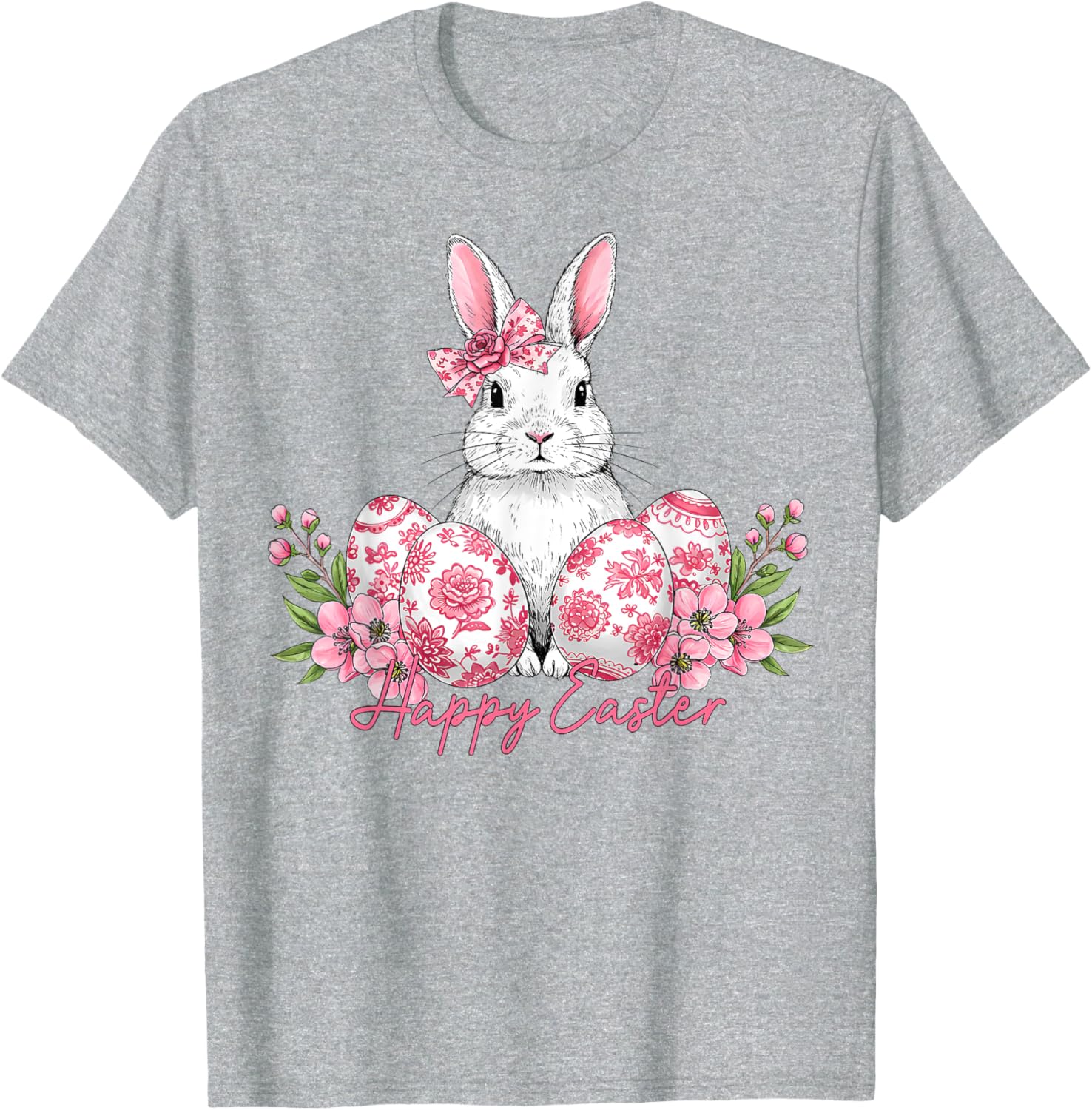 Happy Easter Chinoiserie Floral Bunny Bow T-Shirt for Festive Style - 16