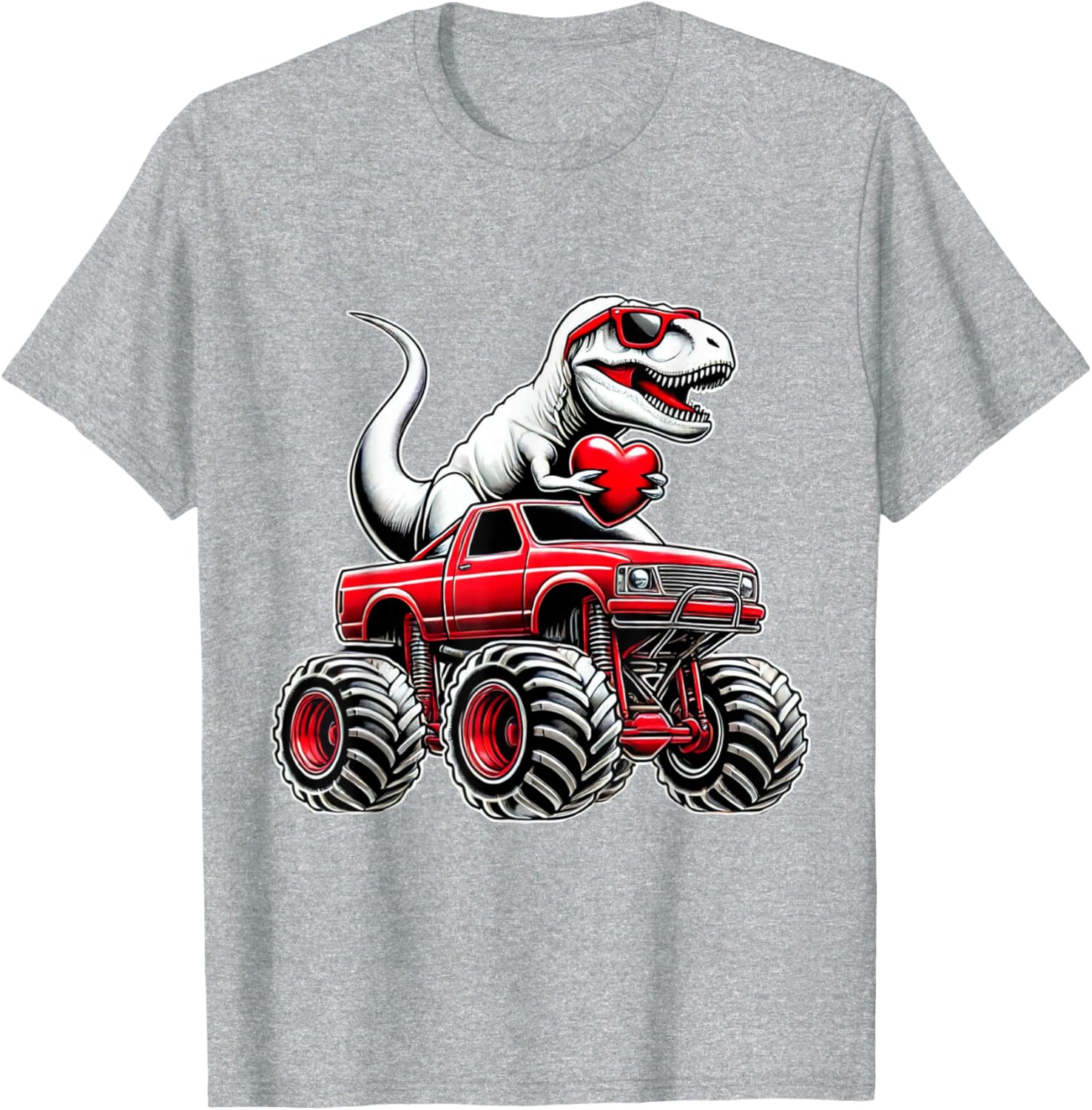 Funny T Rex Riding Monster Truck T-Shirt for Boys Celebrating Valentine's Day - 16
