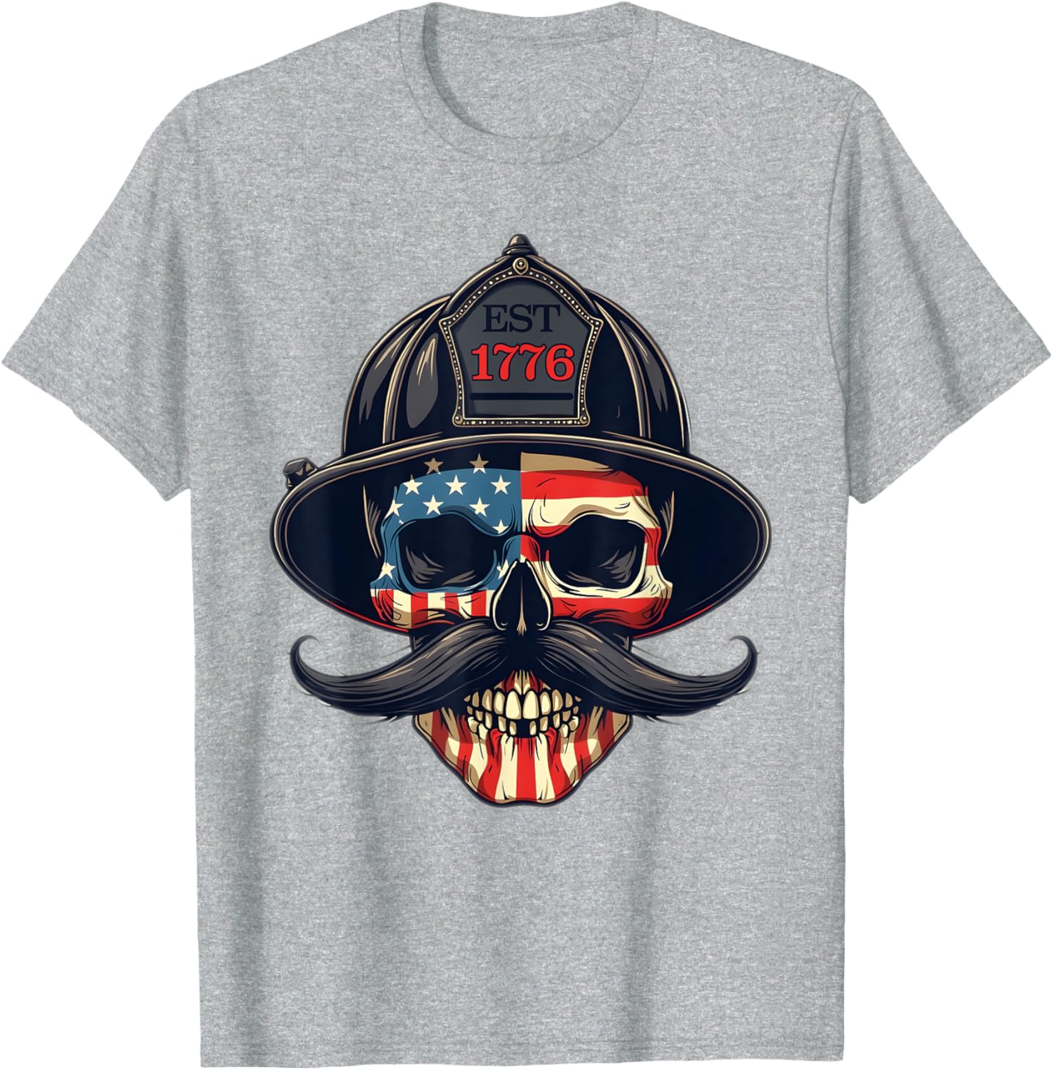 Firefighter Skull Mustache USA Flag T-Shirt for Firemen and Firefighters - 4