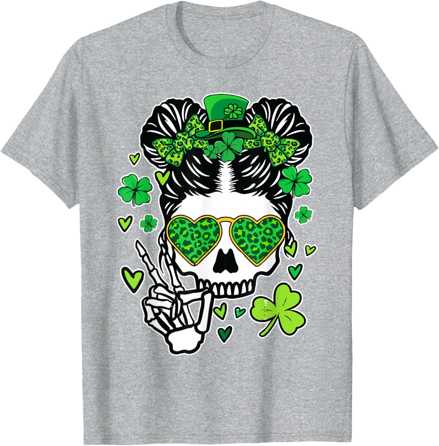St Patrick's Day Skull Messy Bun Women’s T-Shirt for Festive Style - 14