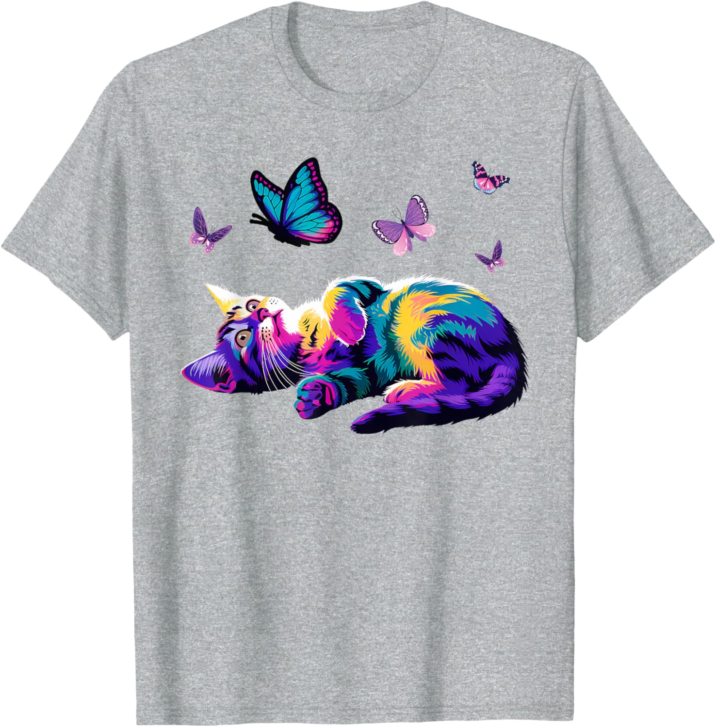 Colorful Cute Cat Playing with Butterfly T-Shirt for Cat Lovers Kids and Adults - 7
