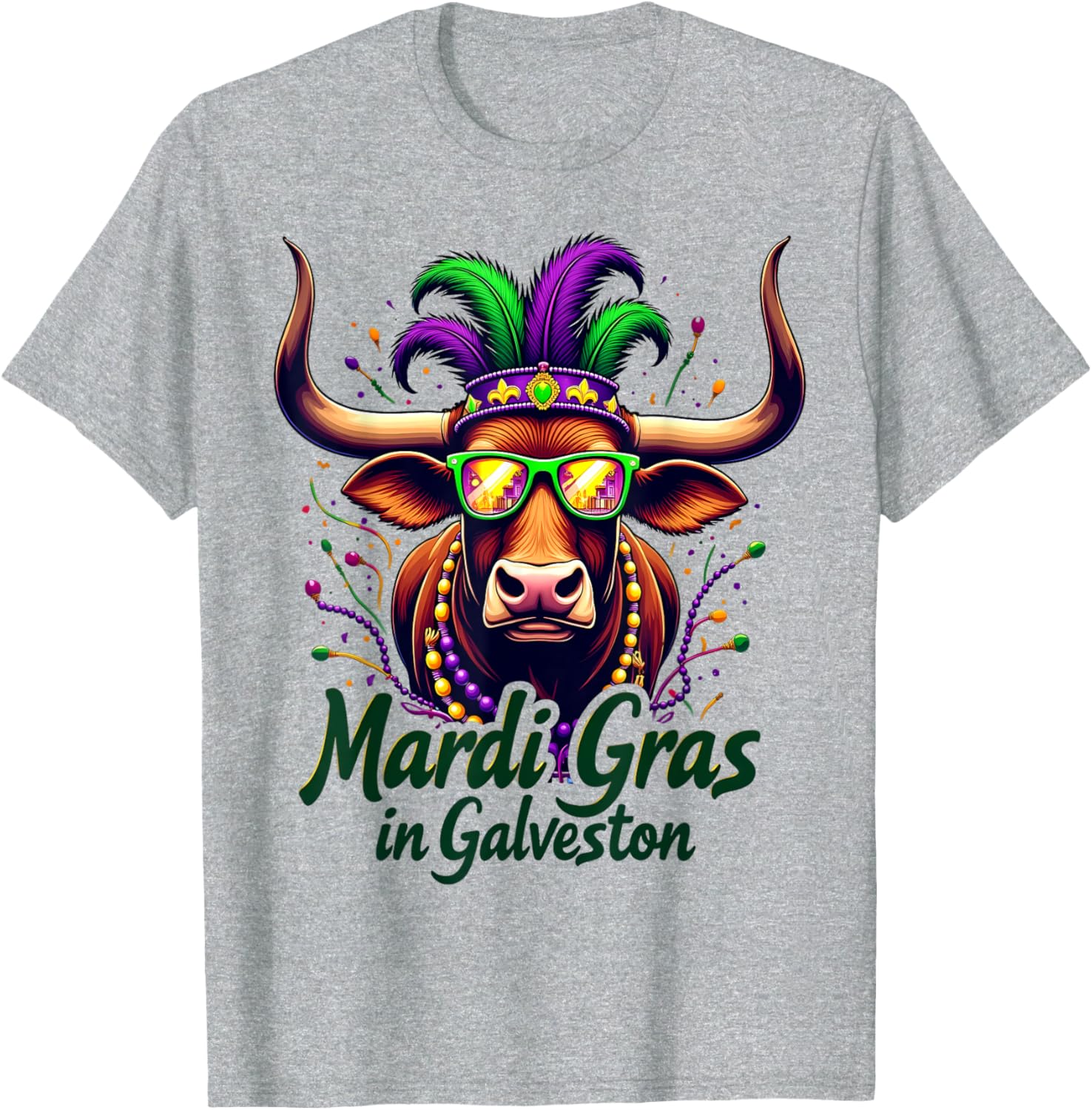 Mardi Gras Beads Galveston Cow Longhorn Texas T-Shirt for Festive Fun - 2