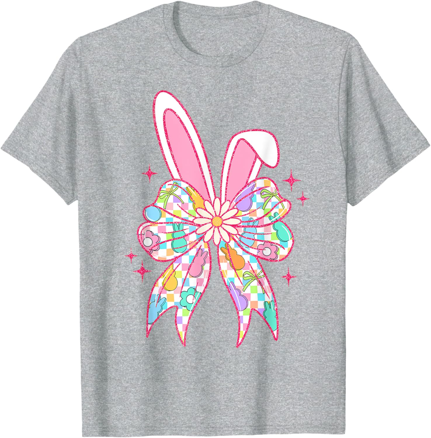 Groovy Checkered Bunny Bow Ears T-Shirt for Girls and Teens - 3