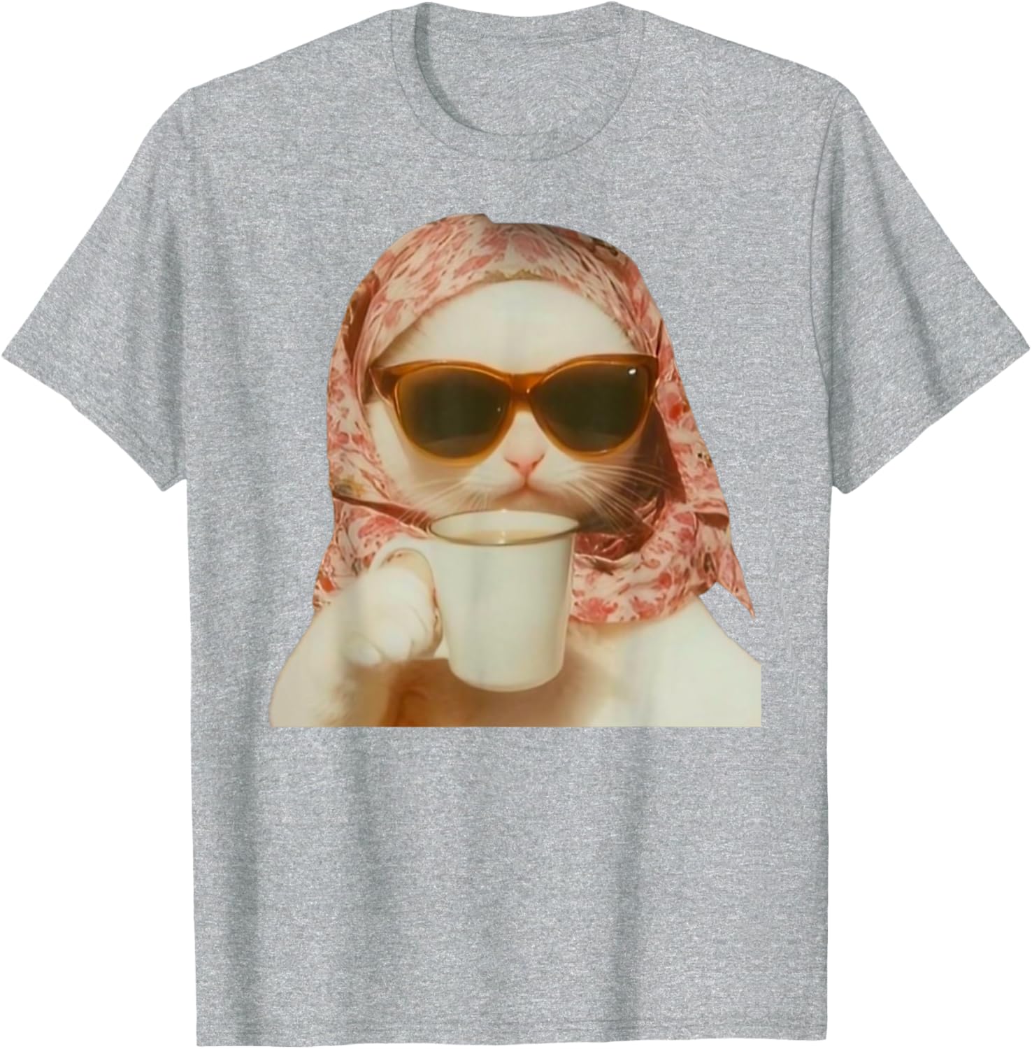 Funny Cat with Glasses and Headscarf Holding Cup T-Shirt for All Ages - 13