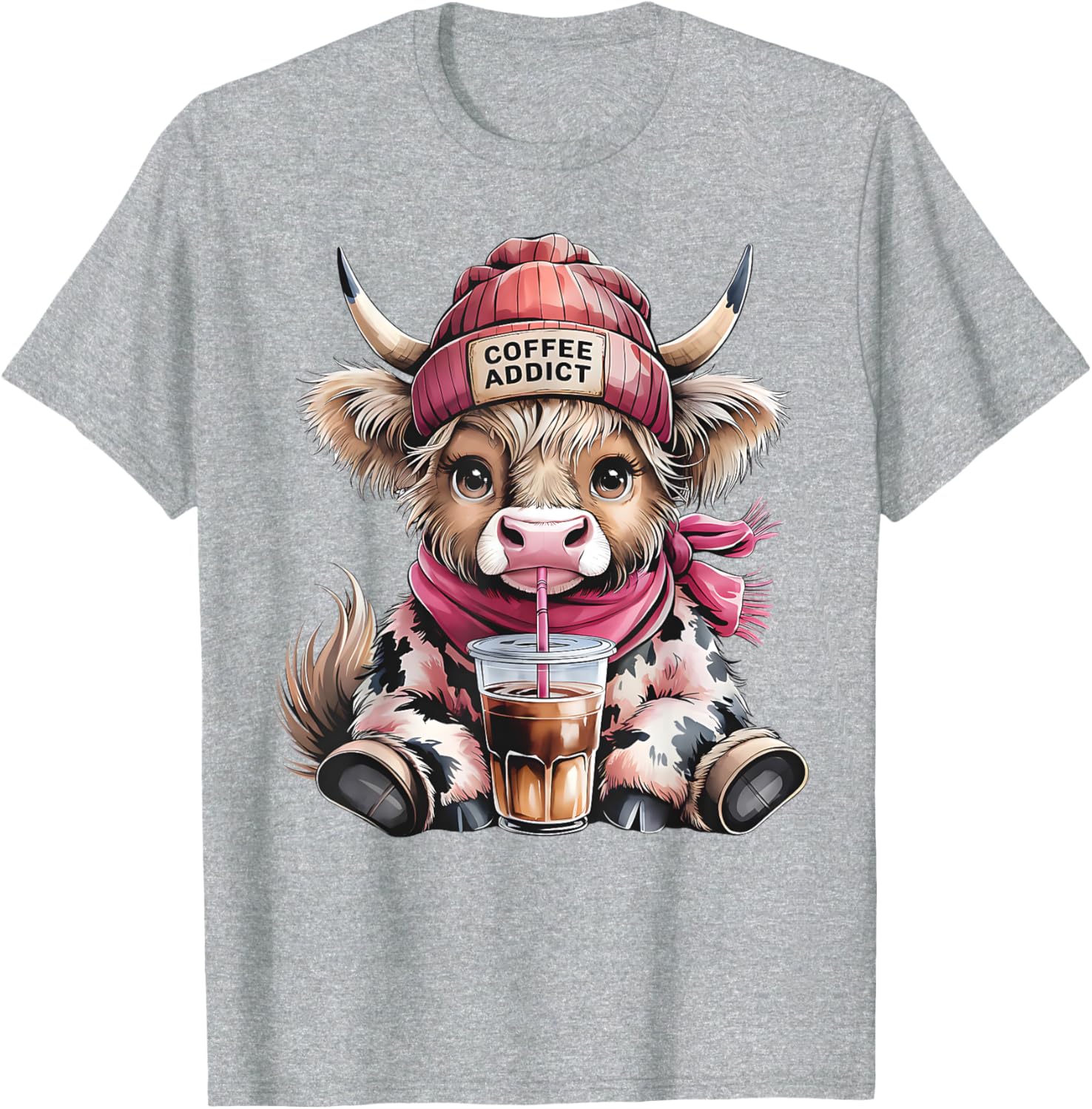 Cute Highland Cow Coffee Addict T-Shirt for Women with Beanie Hat - 16