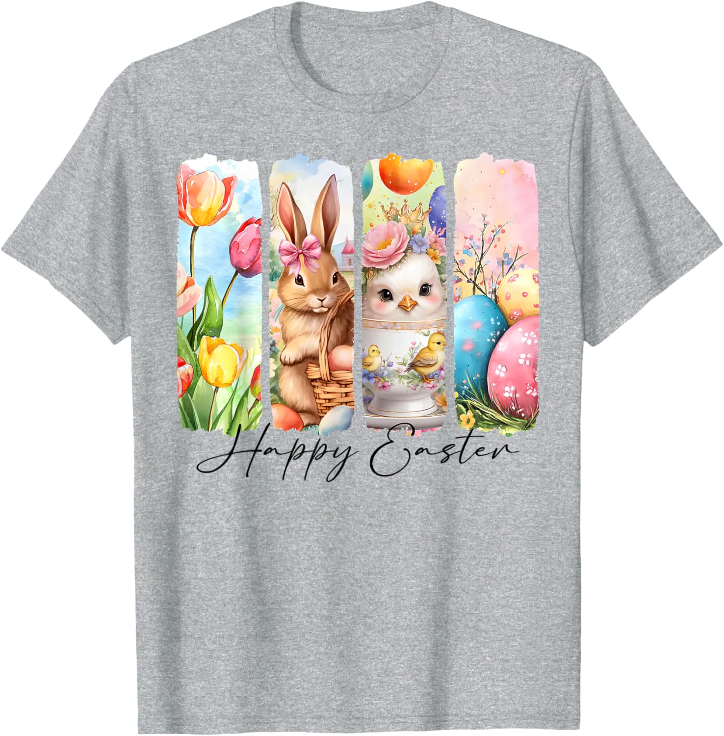 Retro Happy Easter Bunny and Chick T-Shirt with Floral Design - 11