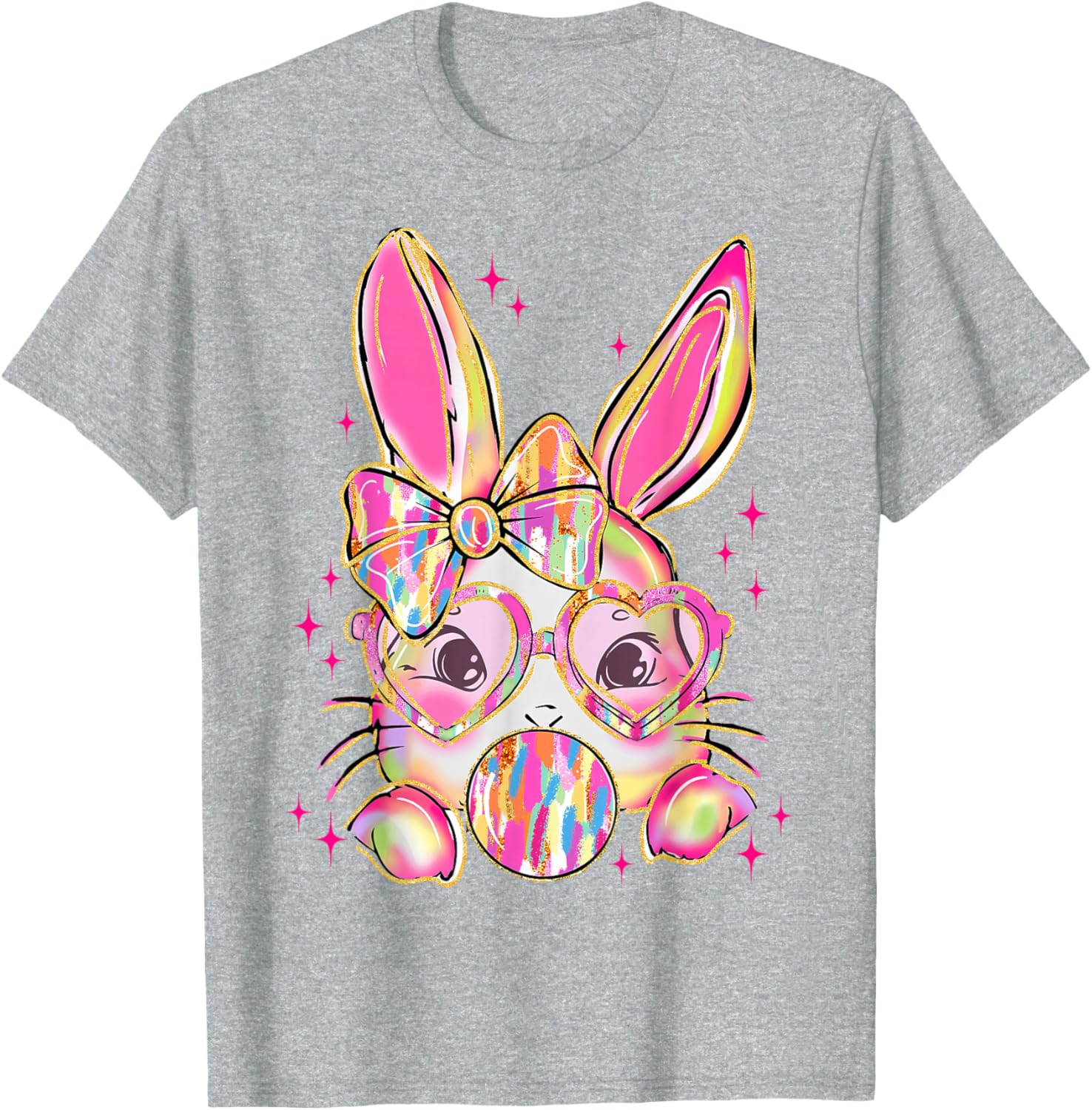Cute Brushstroke Bunny Blowing Bubble Gum Easter Bow T-Shirt for Kids - 6