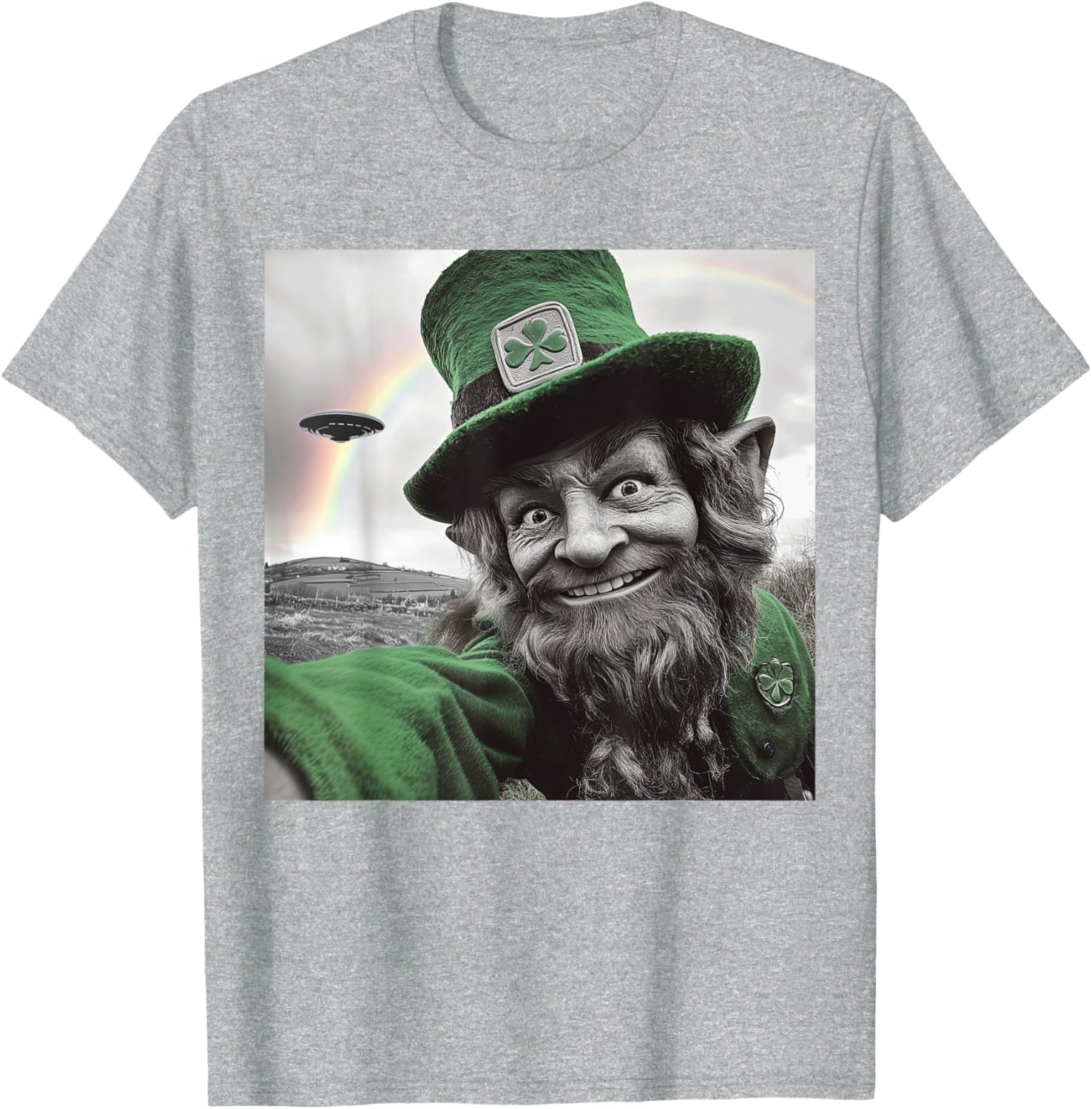 Funny St Patricks Day Rainbow Leprechaun UFO Selfie T-Shirt for Everyone - 16