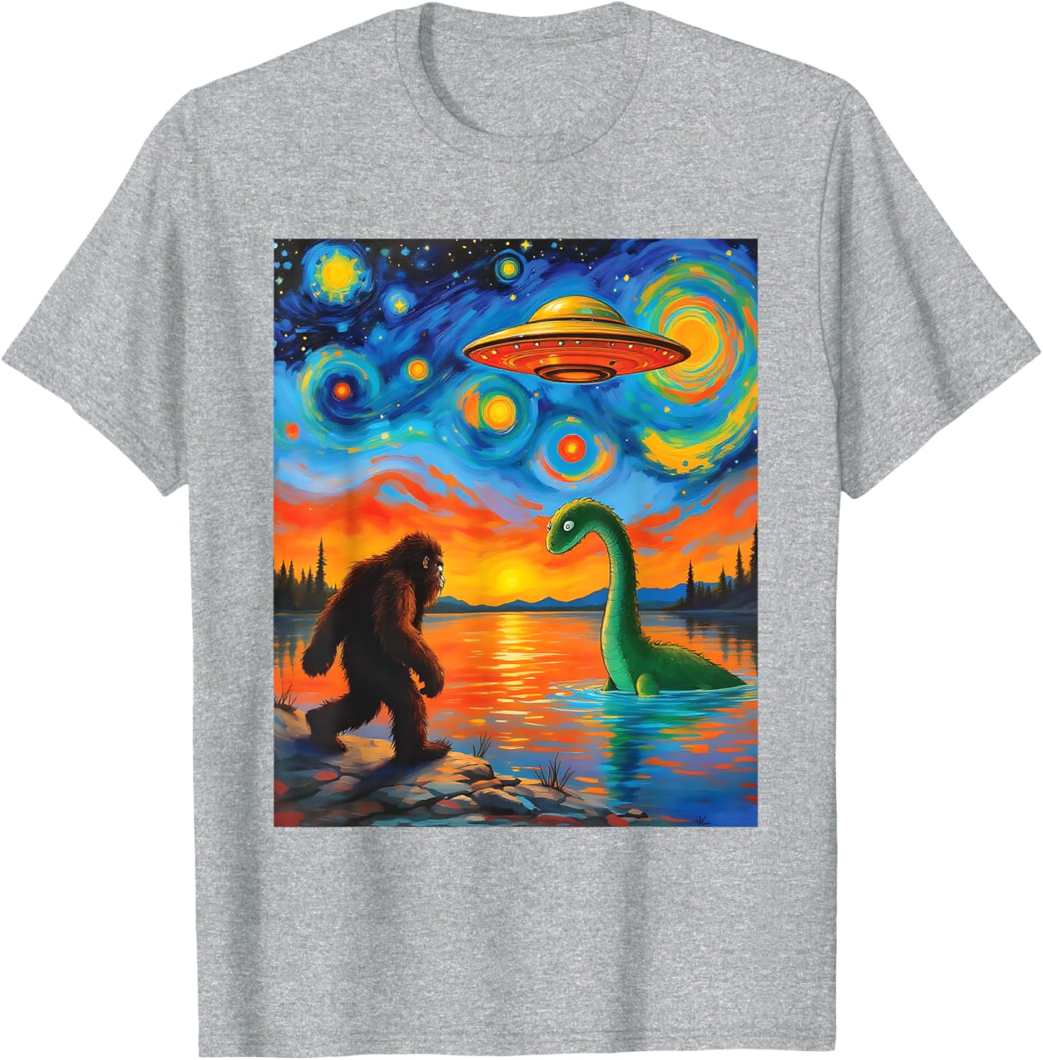 Bigfoot UFO Alien Encounter T-Shirt Inspired by Van Gogh's Starry Night - 18